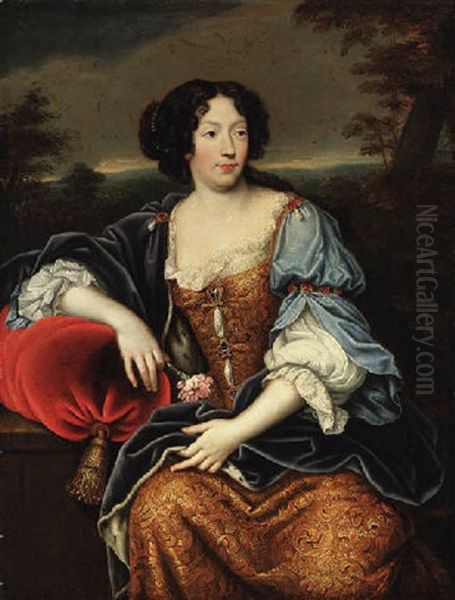 Portrait Of A Lady Seated, In A Blue And Gold Brocade Dress And An Ermine Lined Wrap, A Wooded Landscape Beyond Oil Painting by Pierre Mignard