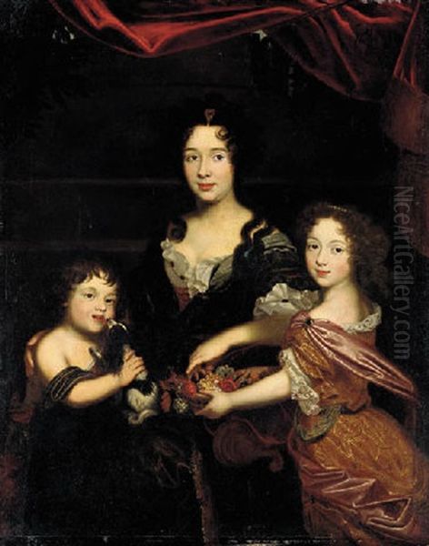 Portrait Of A Lady (countess Mancini?) In A Dark Purple Dress, With Her Son Holding A Dog And Her Daughter A Basket Of Flowers Oil Painting by Pierre Mignard
