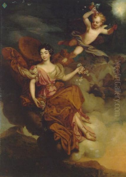 Portrait Of Mademoiselle De La Force As Flora With Putti In A Landscape Oil Painting by Pierre Mignard