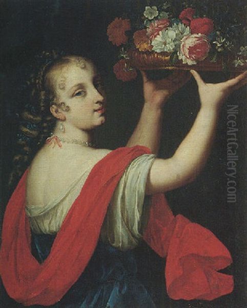 Portrait Of A Young Lady Holding Up A Basket Of Flowers Oil Painting by Pierre Mignard