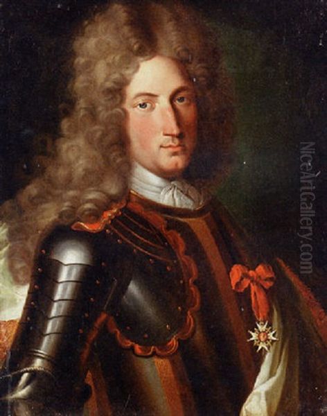 Portrait Of A Nobleman, Said To Be Marechal Tourrain, In Armour, Wearing A Lace Cravat, A Wig And The Star Of The Order Of The Garter Oil Painting by Pierre Mignard