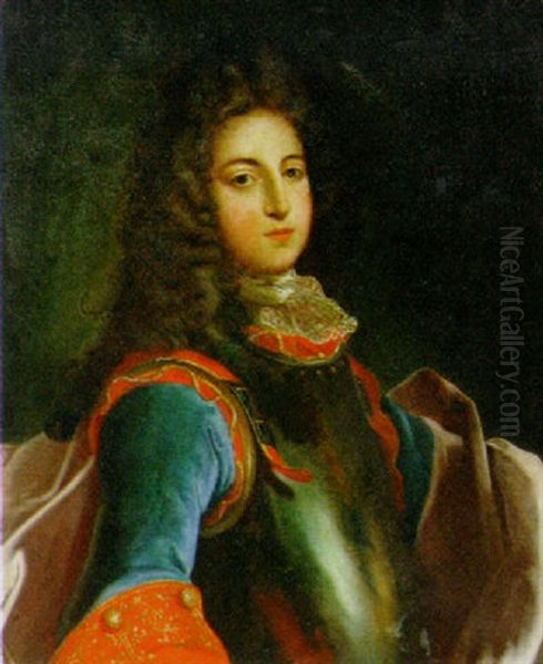 Portrait Of A Gentleman Wearing A Breastplate, A Blue And Red Velvet Coat And A Lace Cravat With A Purple Cloak And Wig Oil Painting by Pierre Mignard