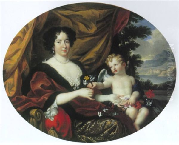 Portraet Af Hjortense Mancini Siddende I Guldbrokadekjole Og Vinrod Pelsbraemmet Kabe, Ved Putto Oil Painting by Pierre Mignard