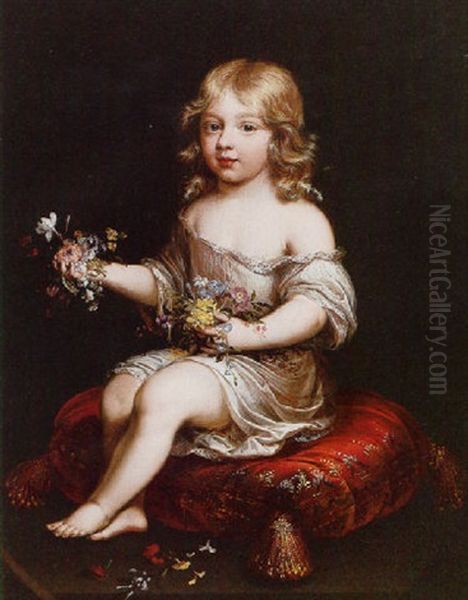 Portrait Of A Young Boy Seated On A Cushion Holding Flowers Oil Painting by Pierre Mignard