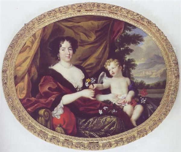 Portraet Af Hortense Mancini Siddende I Guldbrokadekjole Og Vinrod Pelsbraemmet Kabe, Ved Hendes Skod Putto Med Blomster Oil Painting by Pierre Mignard