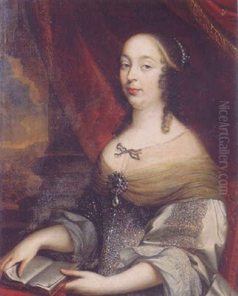 Portrait Of A Noblewoman (charlotte De Louigny?) In A Gold Embroidered Dress Seated On A Terrace By A Draped Column Oil Painting by Pierre Mignard