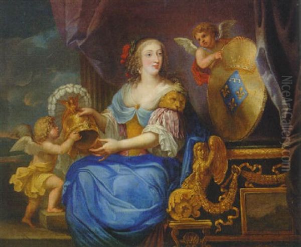Portrait Of Anne-marie-louise D'orleans, Duchesse De Montpensier, In A Blue Dress With Two Cherubs On A Terrace Oil Painting by Pierre Mignard