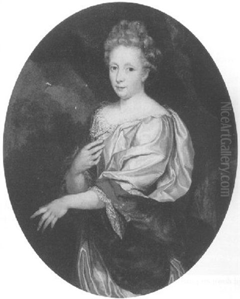 Portrait Of A Lady Wearing A White Silk Dress Trimmed With Lace And A Red Shawl, Standing Beneath A Brown Curtain Oil Painting by Pierre Mignard