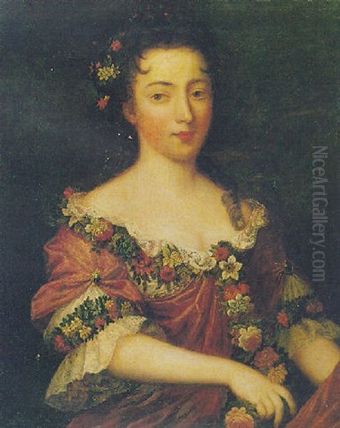 Portrait Of A Lady In A Red Dress With A Garland Of Flowers Oil Painting by Pierre Mignard