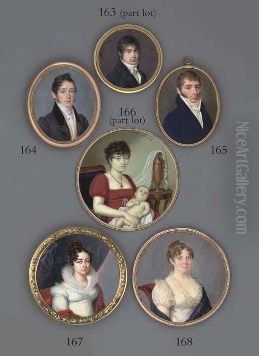 A Mother Seated With Her Baby; The Mother In Spotted Brick-red Short-sleeved Dress With White Rope Twist Sash Fastened In A Bow At Corsage, Gold Heart-shaped Locket Suspended From A Thin Black Ribbon Around Her Neck, Jewelled Hoop And Drop Earring, Curly Oil Painting by Gaspare Betoldi