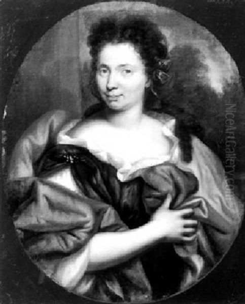 Portrait Of A Noblewoman Standing On A Terrace Wearing A Dress, Chemise And Wrap Oil Painting by Pierre Mignard