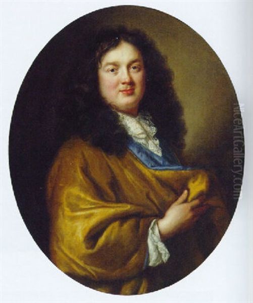 Portrait Of A Gentleman, In A Blue And Gold Gown Oil Painting by Pierre Mignard