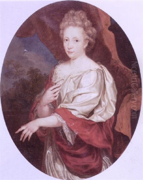 Portrait Of A Lady Wearing A White Silk Dress Trimmed With Lace And A Red Shawl Beneath A Brown Curtain Oil Painting by Pierre Mignard