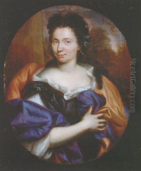 Portrait Of A Noble Woman, Wearing A Dark Green Dress, Lace Chemise And Red Lined Blue Wrap Oil Painting by Pierre Mignard
