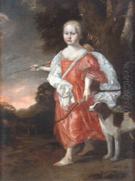 Portrait Of A Girl As Diana, Full Length, With A Dog In A Landscape Oil Painting by Pierre Mignard