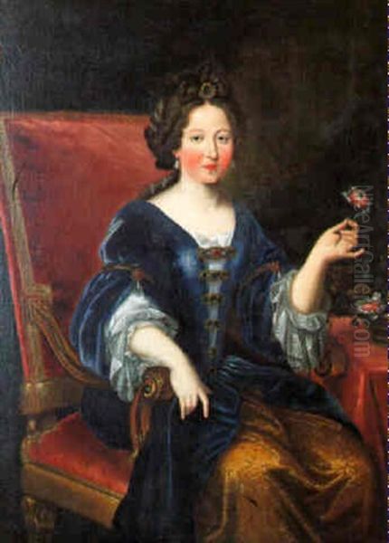 Portrait De Femme Assise En Robe Bleue Tenat Une Fleur Oil Painting by Pierre Mignard
