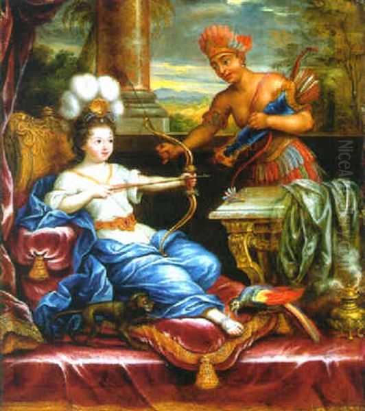 An Allegory Of America Paying Homage To Europe Oil Painting by Pierre Mignard