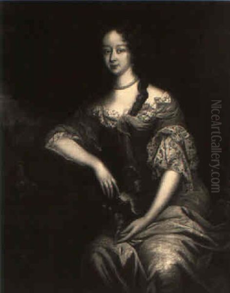 Portrait Of A Lady In An Orange Dress Holding A Spaniel Oil Painting by Pierre Mignard