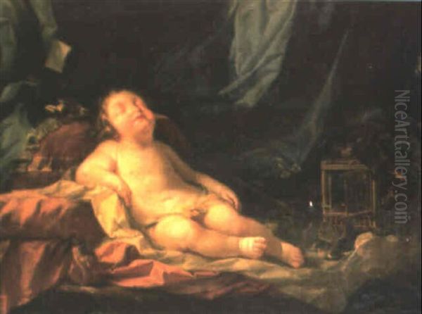 Cupid Sleeping On Cushions With A Birdcage Oil Painting by Pierre Mignard