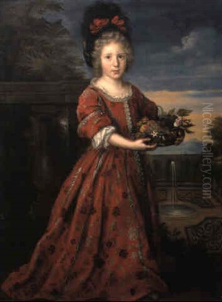 Jeune Fille En Robe Rouge Sur La Terrasse D'un Parc Tenant... Des Fruits Oil Painting by Pierre Mignard