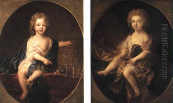 Portrait Of A Young Boy (louis, Duc De Bourgogne?) Beside A Caged Parrot Oil Painting by Pierre Mignard