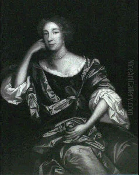 Portrait Of A Lady, Three-quarter Length, In A Blue Dress   With A Crimson Wrap And A White Shirt Oil Painting by Pierre Mignard