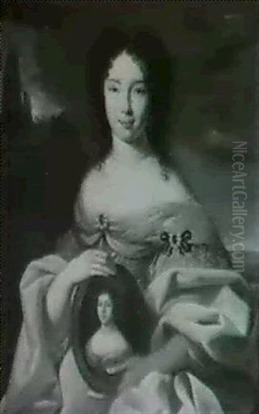 Portrait Of A Lady Holding A Small Oval Portrait Oil Painting by Pierre Mignard