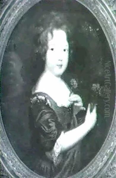 Portrait Of A Young Girl Holding Flowers Oil Painting by Pierre Mignard