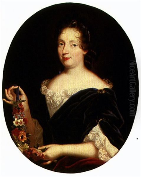 Portrait Of A Lady Holding A Garland Of Flowers Oil Painting by Pierre Mignard