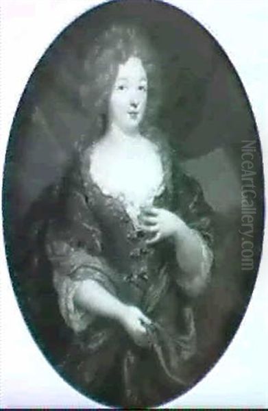 Portrait Of Lady, Small Three-quarter Length, Wearing       A Red Dress And Blue Shawl Oil Painting by Pierre Mignard