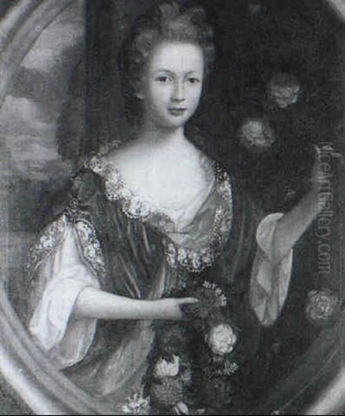 Portrait Of Elizabeth Hawkins, Three-quarter Length,        Wearing A Green And Gold Dress Trimmed With Lace, Holding A Oil Painting by Pierre Mignard