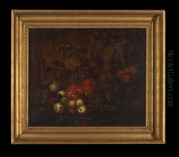 Arrangement With Peonies, Grapes, Pears, Sunflowers And Peaches Oil Painting by Abraham Mignon