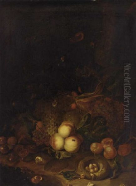 Peaches, Grapes, Chestnuts, A Melon, An Ear Of Corn, A Bird's Nest, Butterflies, A Snail, A Lizard, Crickets And Other Insects In A Clearing Oil Painting by Abraham Mignon
