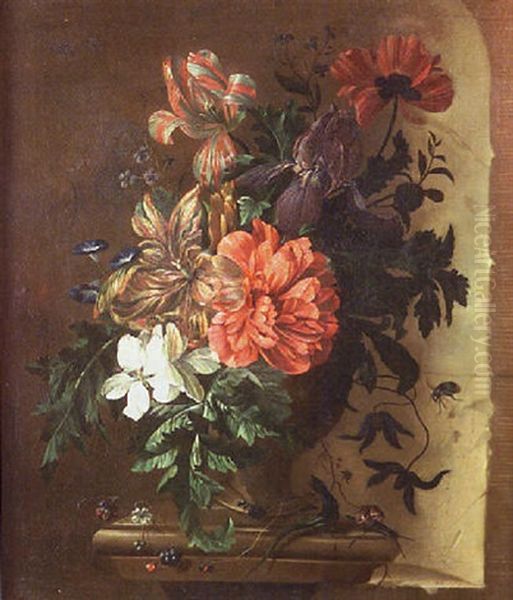Vase De Fleurs Et Insectes Sur Un Entablement Oil Painting by Abraham Mignon
