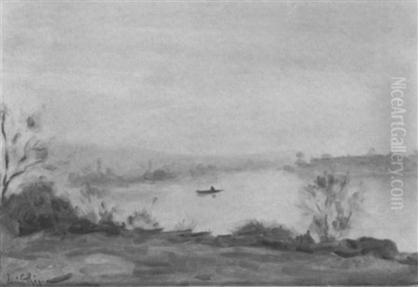 La Seine A Vetheuil Oil Painting by Lucien Rene Mignon