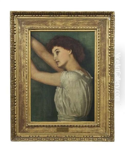 Portrait Of Lillie Langtry (the Jersey Lily), Half-length, Her Arms Outstretched And Wearing A Short White Dress Oil Painting by George Frank Miles