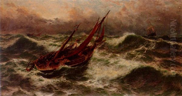 Daybreak On The Dogger Bank, Trawlers Hove To Oil Painting by Thomas Rose Miles