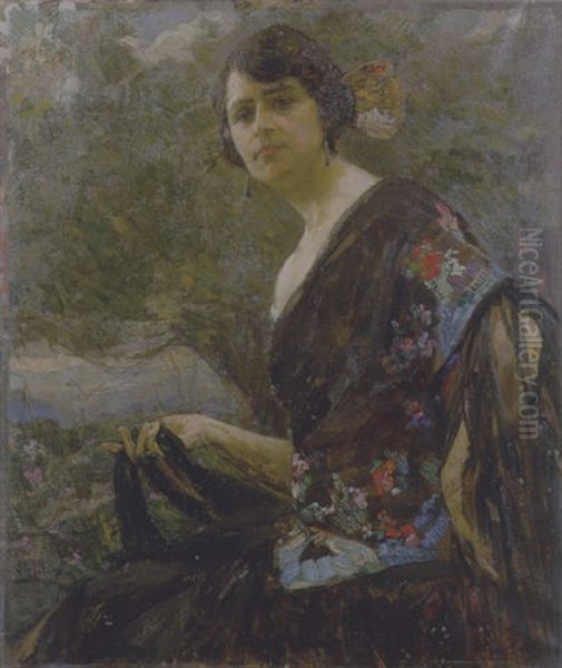 Signora In Abiti Veneziani Oil Painting by Alessandro Milesi