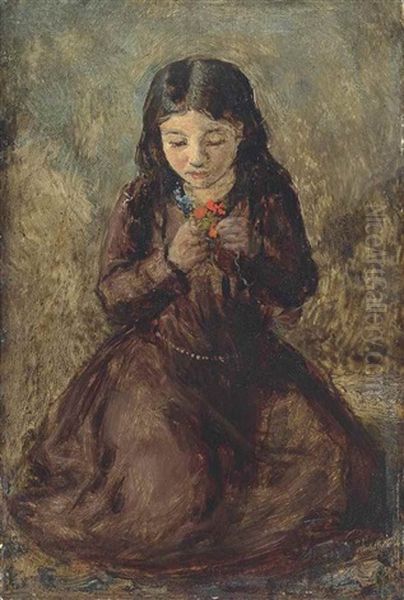 Florence 'pobby' Thomas, Kneeling And Holding A Posy Of Flowers Oil Painting by Sir John Everett Millais