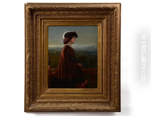 Lady And Dog On A Balcony With Landscape Oil Painting by Sir John Everett Millais