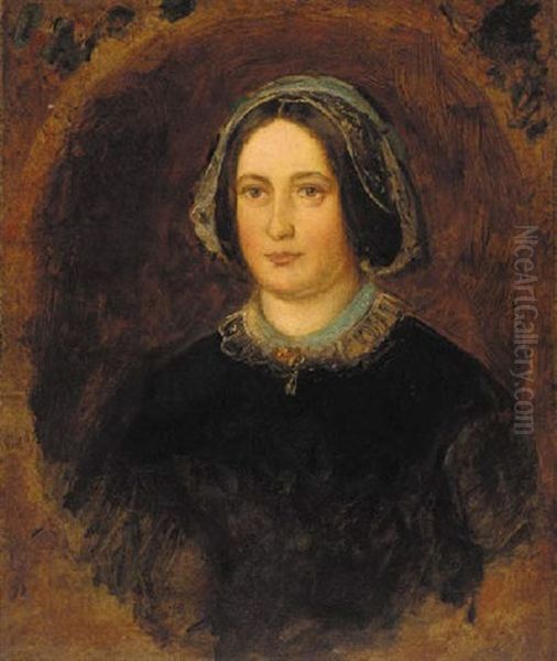 Portrait Of Mrs William Evamy, The Artist's Aunt In A Black Dress With A Lace Collar Oil Painting by Sir John Everett Millais