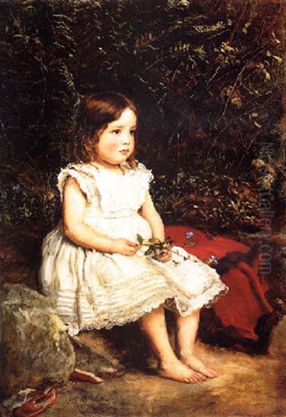 Portrait Of Eveline Lees As A Child, Seated Full Length By A Bank, Wearing A White Dress Oil Painting by Sir John Everett Millais