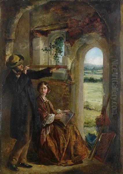 Young Couple Observing A Landscape Through A Doorway Oil Painting by John Guille Millais
