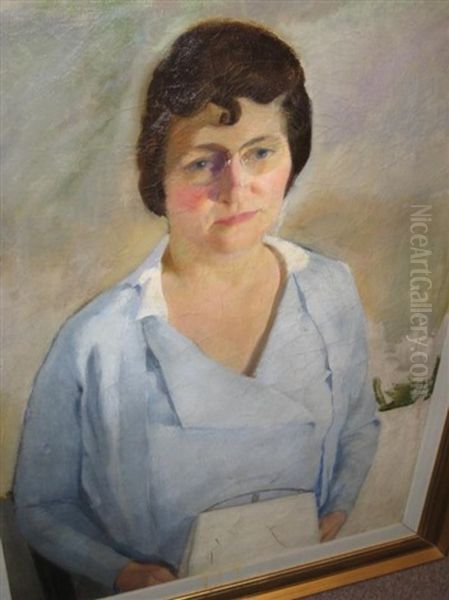 Portrait Of A Woman In Blue With White Handbag Oil Painting by Kenneth Hayes Miller
