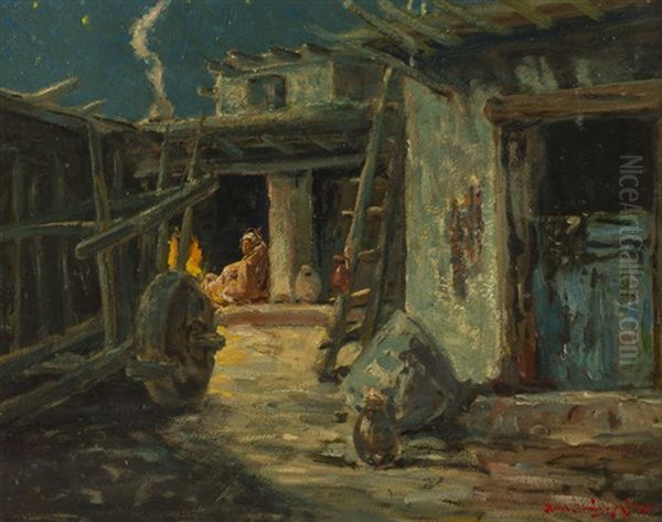 Nocturnal With An Indian In An Adobe Dwelling Oil Painting by Ralph Davidson Miller
