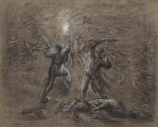 Chasse Aux Oiseaux Par Lumiere Des Torches Oil Painting by Jean-Francois Millet