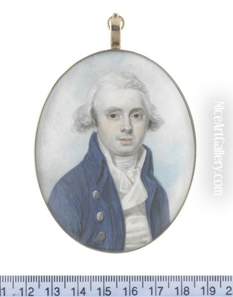 A Gentleman, Wearing Blue Coat, White Waistcoat, Frilled Chemise And Stock, His Hair Powdered Oil Painting by James Heath Millington