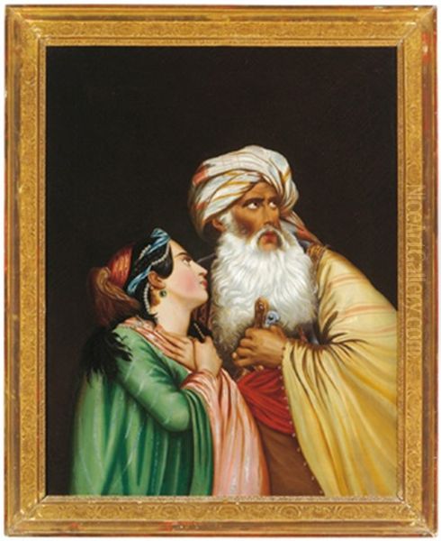 Bartiger Orientale Mit Einer Perlengeschmuckten Jungen Frau Oil Painting by Constantinos Milliotti
