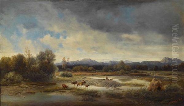 Vorgebirgslandschaft Mit Kuhen Oil Painting by Karl Millner
