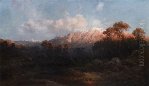 An Alpine Landscape At Dusk Oil Painting by Karl Millner